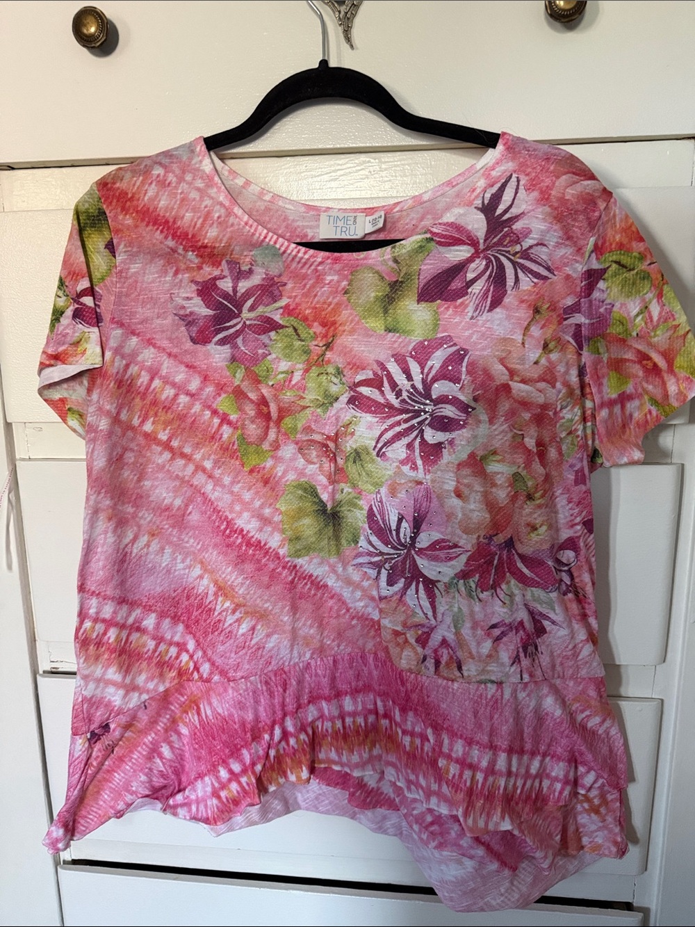 Time and Tru Pink Floral Tie-Dye Short Sleeve Top, size L
